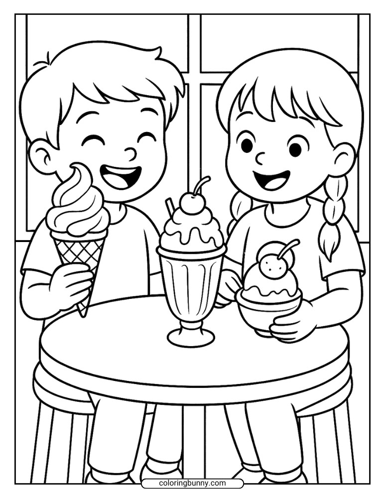 Ice cream coloring page featuring two smiling children enjoying ice cream cones and sundaes together at a table.