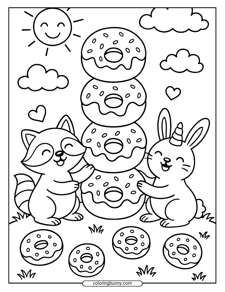 Donut coloring sheet featuring a raccoon and unicorn bunny stacking frosted donuts in a tall tower with smiling sun, clouds, hearts, and extra donuts on the grass