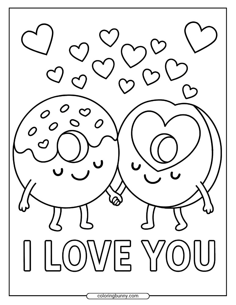 Donut coloring page showing two cute donuts in love, holding hands beneath floating hearts, one donut with frosting and sprinkles and the other shaped like a heart, a fun and romantic coloring activity for all ages.