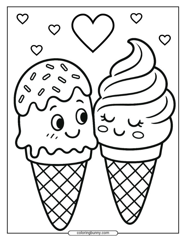 Romantic ice cream coloring page with two ice cream cones, one with sprinkles and one soft serve, surrounded by hearts.