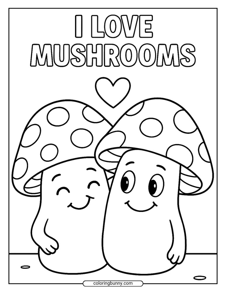Mushroom coloring page of two adorable mushrooms with polka-dotted caps and happy faces lean in affectionately under the bold words "I LOVE MUSHROOMS" with a heart between them.
