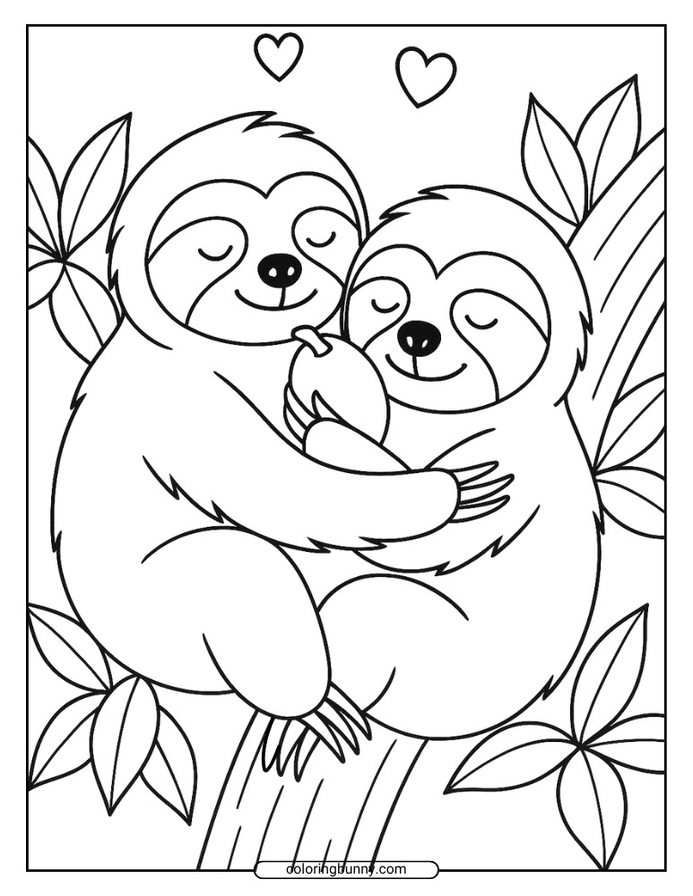 Black and white coloring page of two cute sloths hugging in a tree with hearts overhead.
