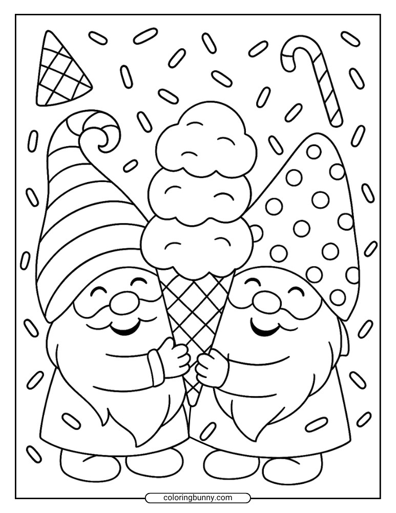 Cartoon gnome illustration for coloring, featuring two gnomes sharing a giant ice cream cone with candy and sprinkles all around.