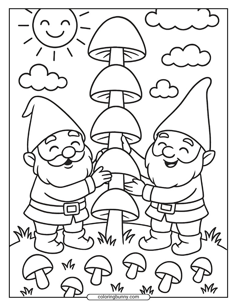 Black-and-white coloring page of two smiling gnomes stacking a tall tower of large mushrooms in a sunny meadow with small mushrooms on the ground.