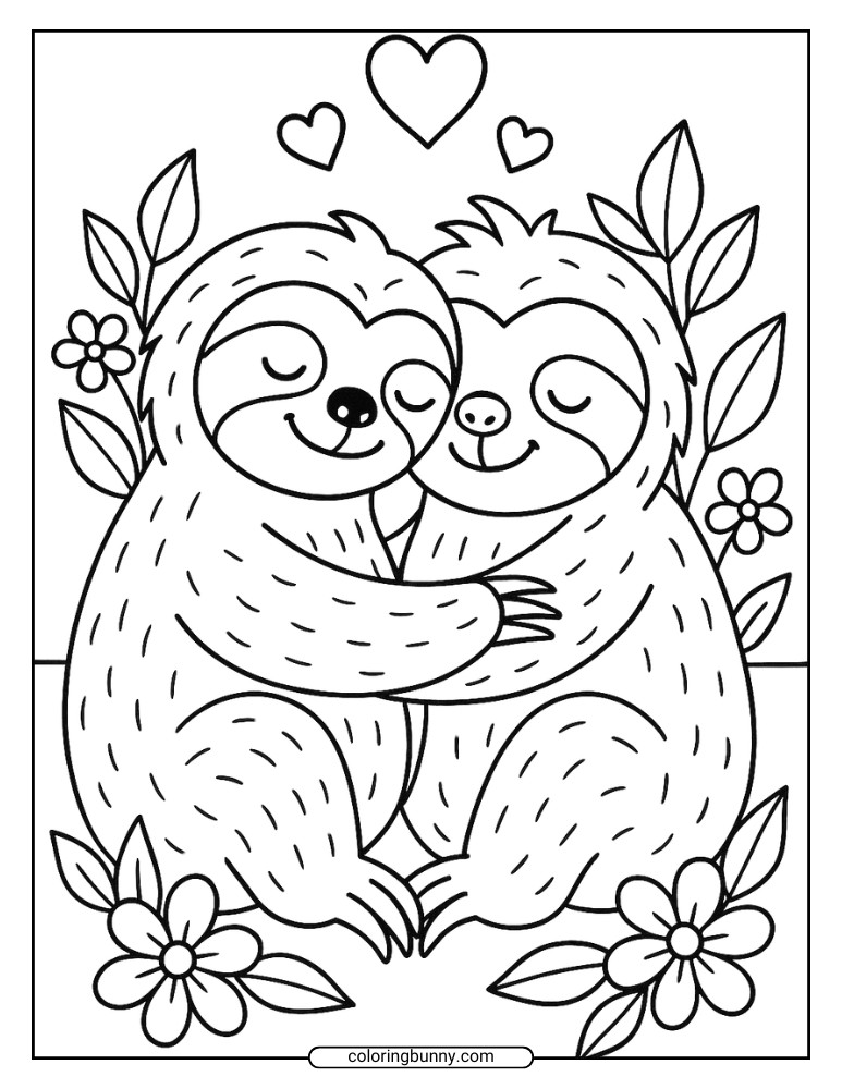 Black and white coloring page of two sloths cuddling in a garden.