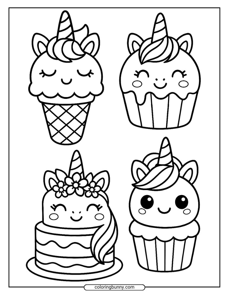Unicorn Cake, Cupcakes and Ice Cream Coloring Page