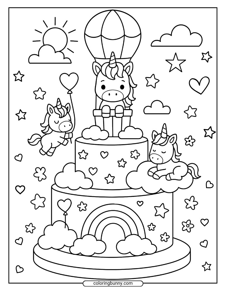 Coloring sheet showing a three-tier unicorn cake with clouds, rainbows, stars, and unicorns in a cheerful hot air balloon.