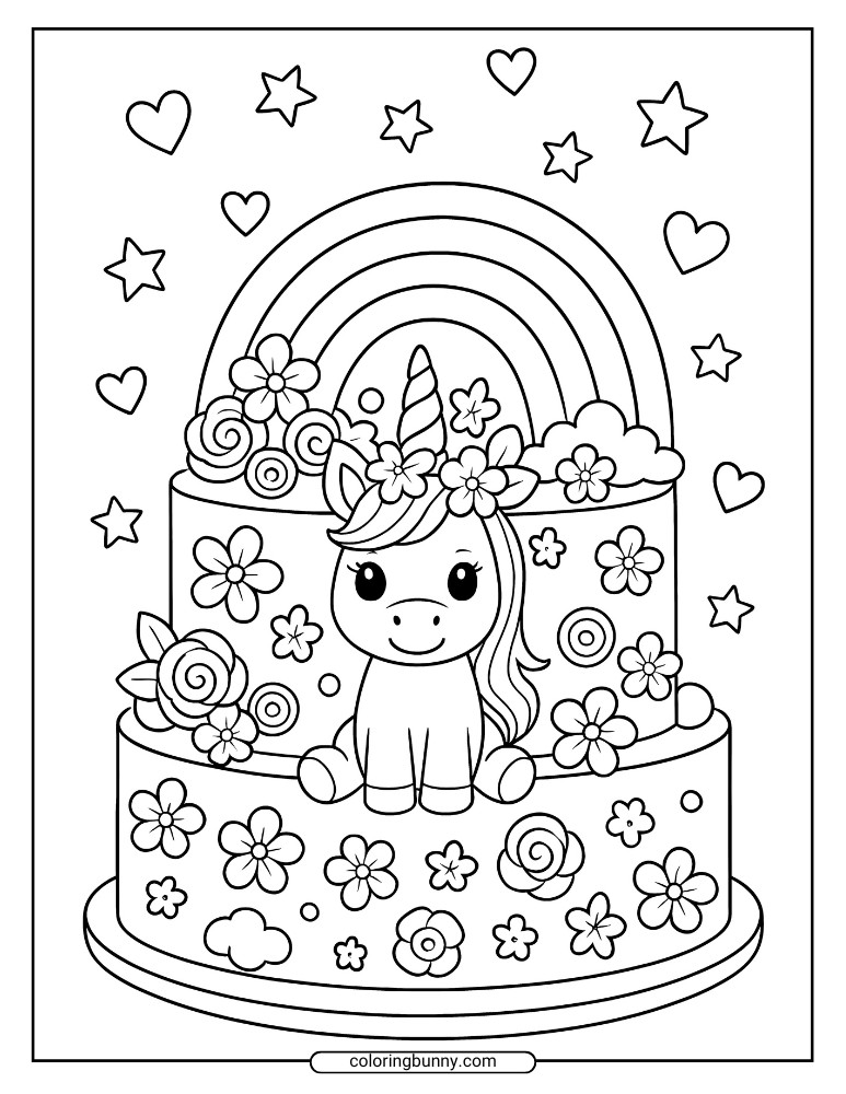 Coloring page of a unicorn cake decorated with flowers, candy swirls, clouds, hearts, and a rainbow overhead.