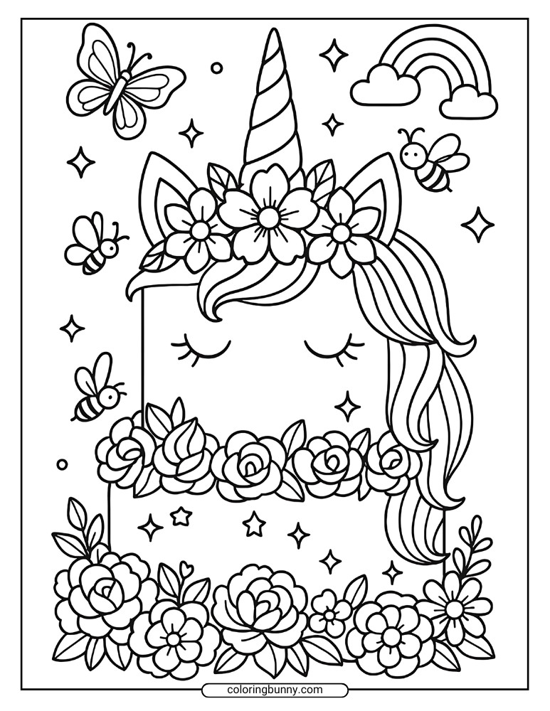 A whimsical unicorn cake page decorated with roses and blossoms, framed by buzzing bees, butterflies, tiny stars, and a small rainbow.