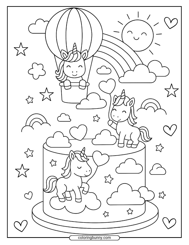A coloring page of a unicorn cake scene with clouds, rainbows, stars, and unicorns riding in a hot air balloon.