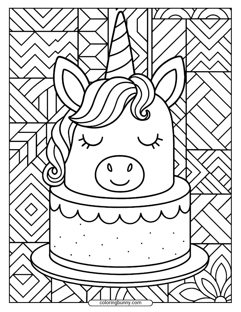 Unicorn cake coloring page with a tiered cake shaped like a unicorn head, surrounded by a detailed zentangle-style patterned background.