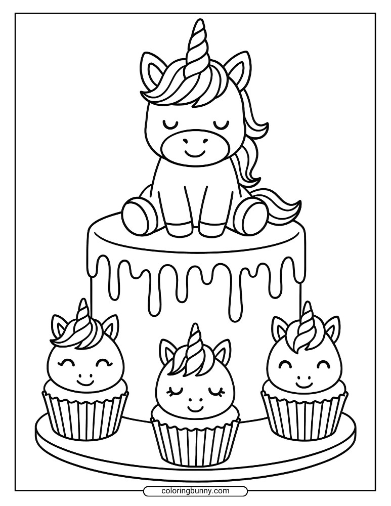 Unicorn cake coloring page showing a large cake with a unicorn topper, drippy frosting, and three happy unicorn cupcakes lined below.