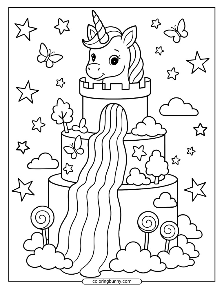 Unicorn cake coloring page featuring a castle-shaped cake topped with a unicorn, surrounded by stars, butterflies, clouds, and whimsical lollipop trees.