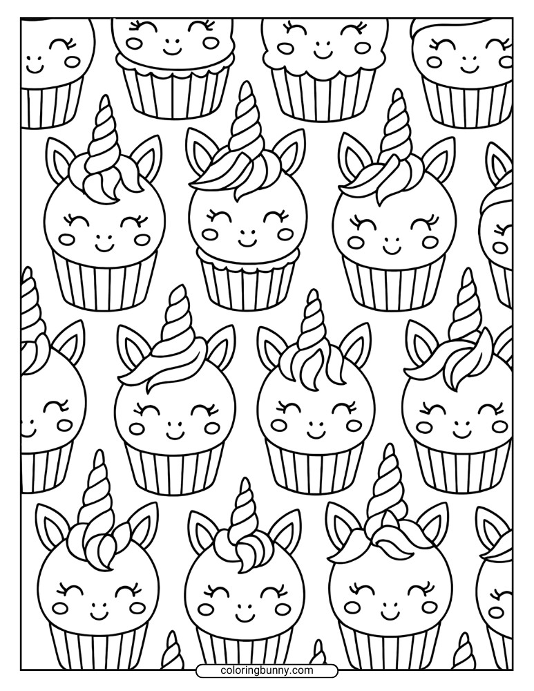 Unicorn cupcake coloring sheet with a repeating cupcake wallpaper pattern.