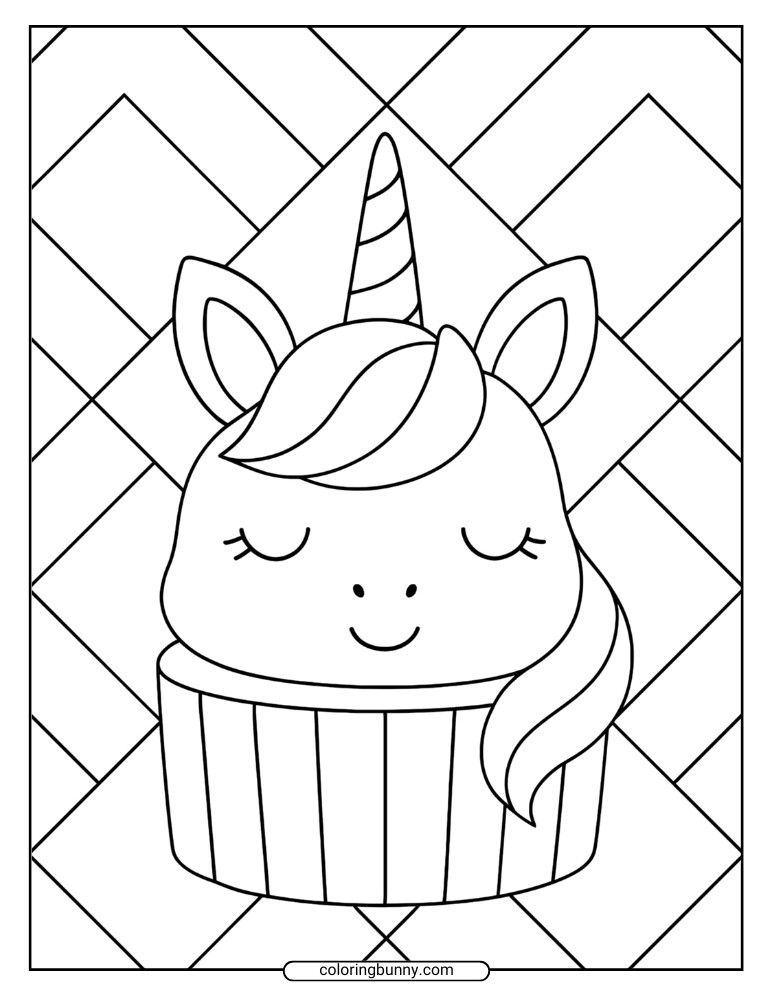 A unicorn cupcake coloring page featuring a smiling cupcake with a striped horn, closed eyes, and a bold geometric background.