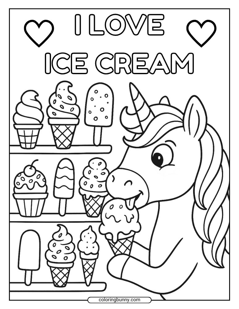 Coloring sheet of a unicorn licking an ice cream and looking up at an ice cream display with cones, popsicles, and sundaes.