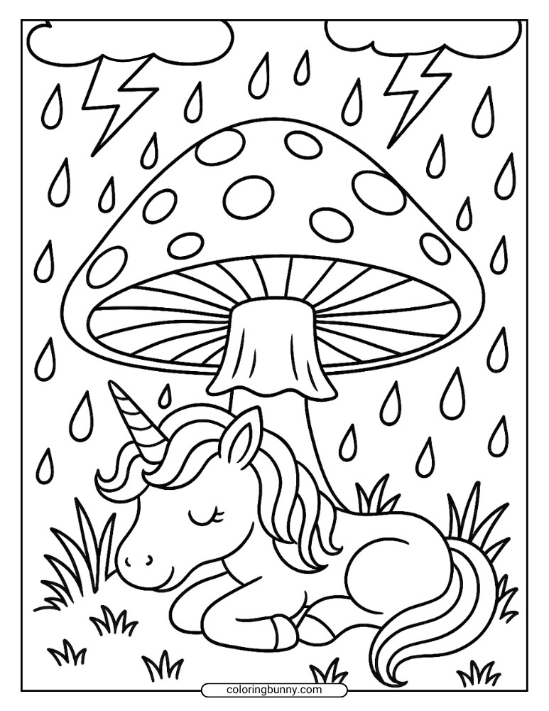 Mushroom coloring page showing a unicorn taking shelter under a large mushroom as rain falls and lightning flashes in the clouds above.