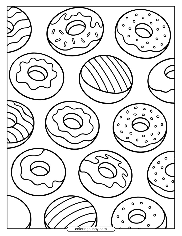 Donut coloring page featuring a repeating pattern of assorted donuts with stripes, sprinkles, glaze drips, and plain designs arranged in a seamless wallpaper style