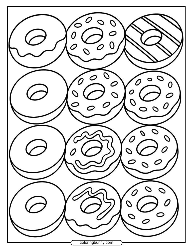 Donut coloring page featuring twelve donuts in rows with assorted frosting styles including sprinkles, stripes, glaze drips, and plain designs