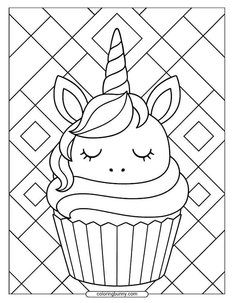 Unicorn cupcake coloring page with a calm, sleeping cupcake design, horn and ears on top, and a geometric diamond pattern backdrop.