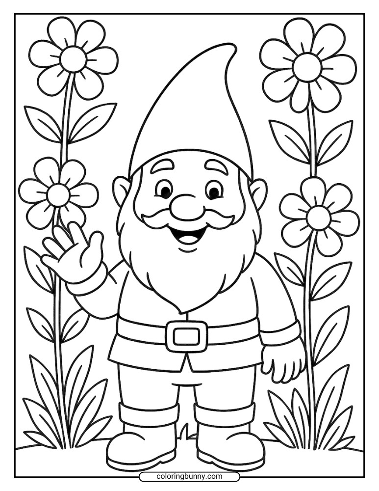 Coloring page of a smiling gnome waving, standing between two large flowers with leaves, surrounded by grass.