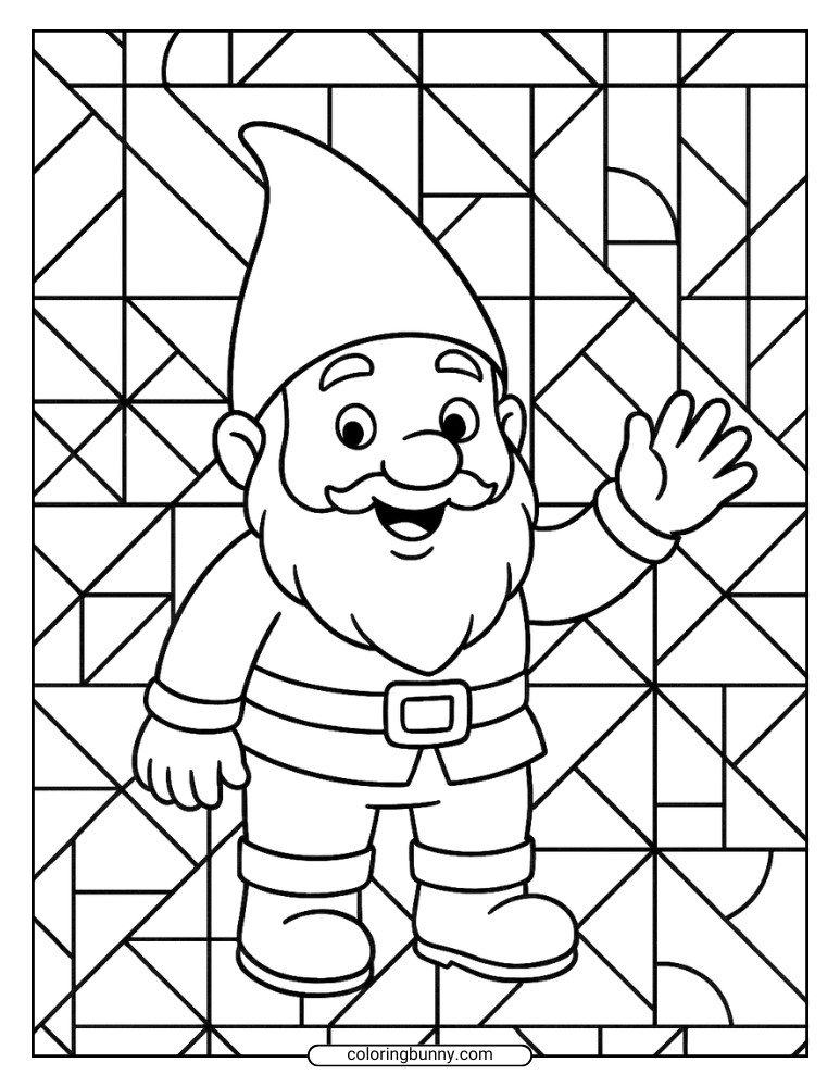 Line art coloring page of a waving gnome standing in front of an abstract geometric patterned background.
