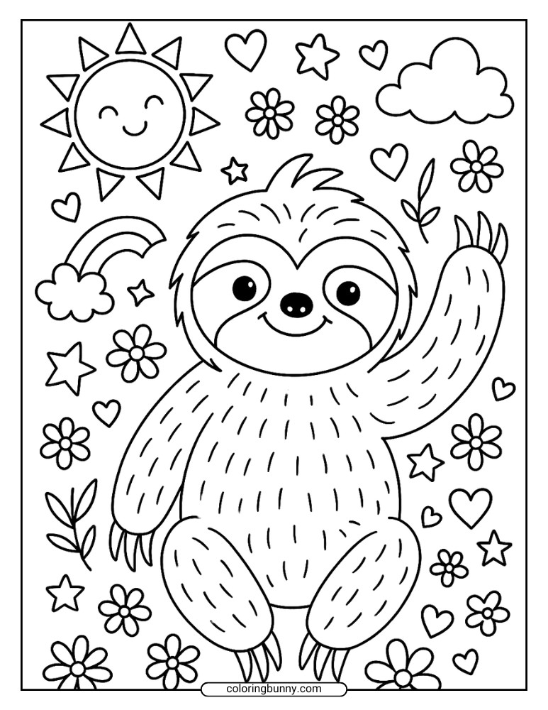 Fun sloth coloring page of a waving sloth surrounded by sunshine, rainbow, flowers, hearts, and stars.