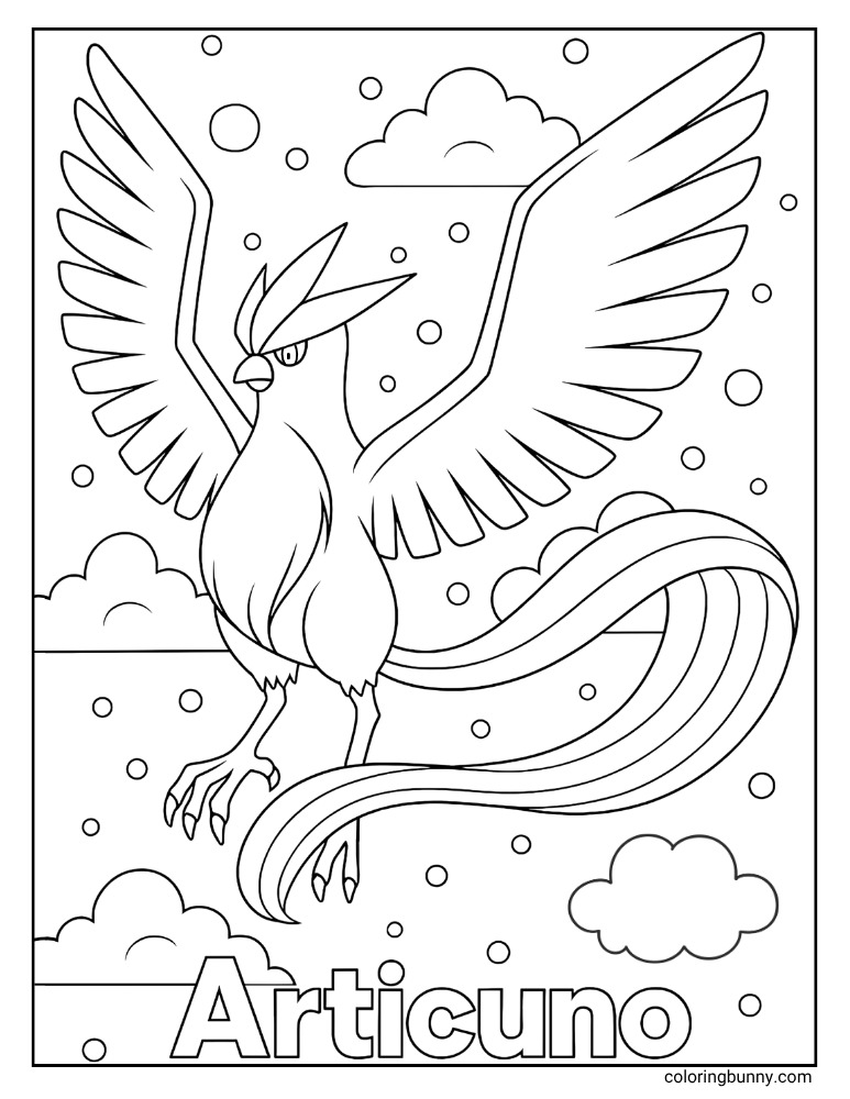 Articuno Pokemon coloring page with Articuno in the sky and a background of snow and clouds