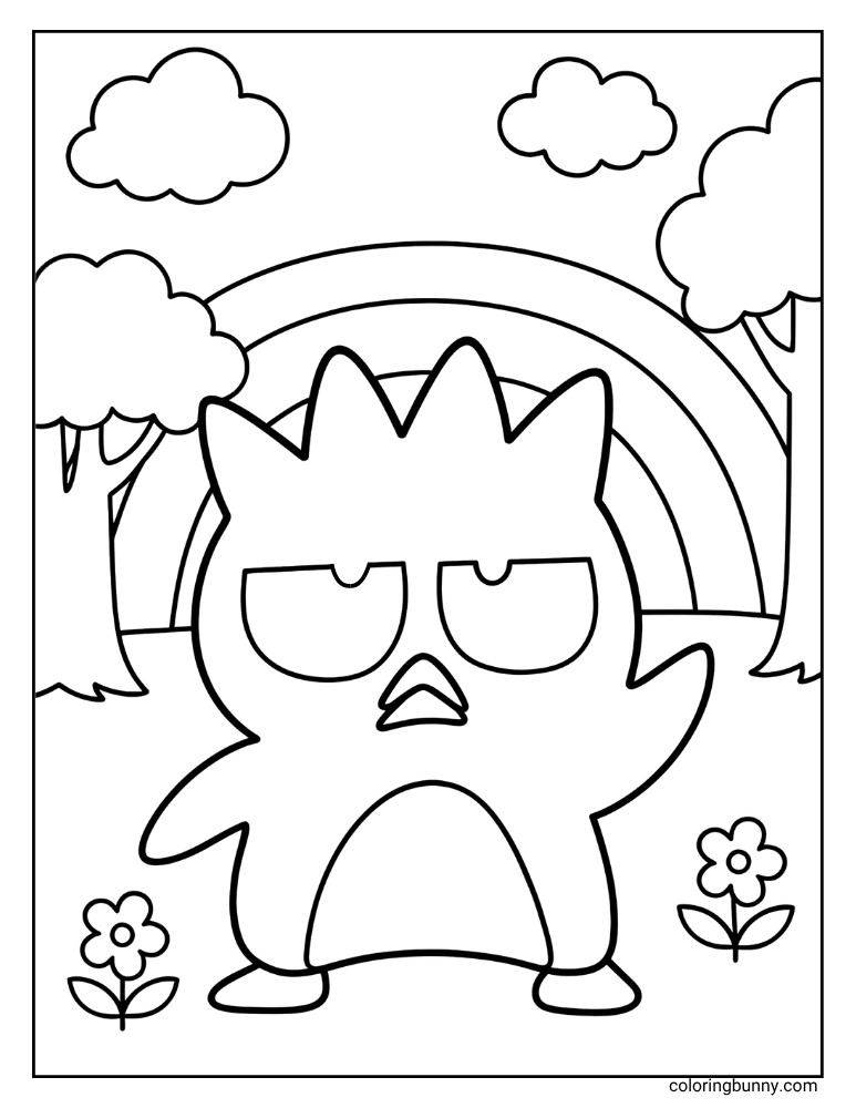 Badtz-Maru coloring page featuring Badtz-Maru with his characteristic grumpy expression, standing in a field. In the background, a rainbow arcs between two trees, with clouds floating above and flowers in the foreground.
