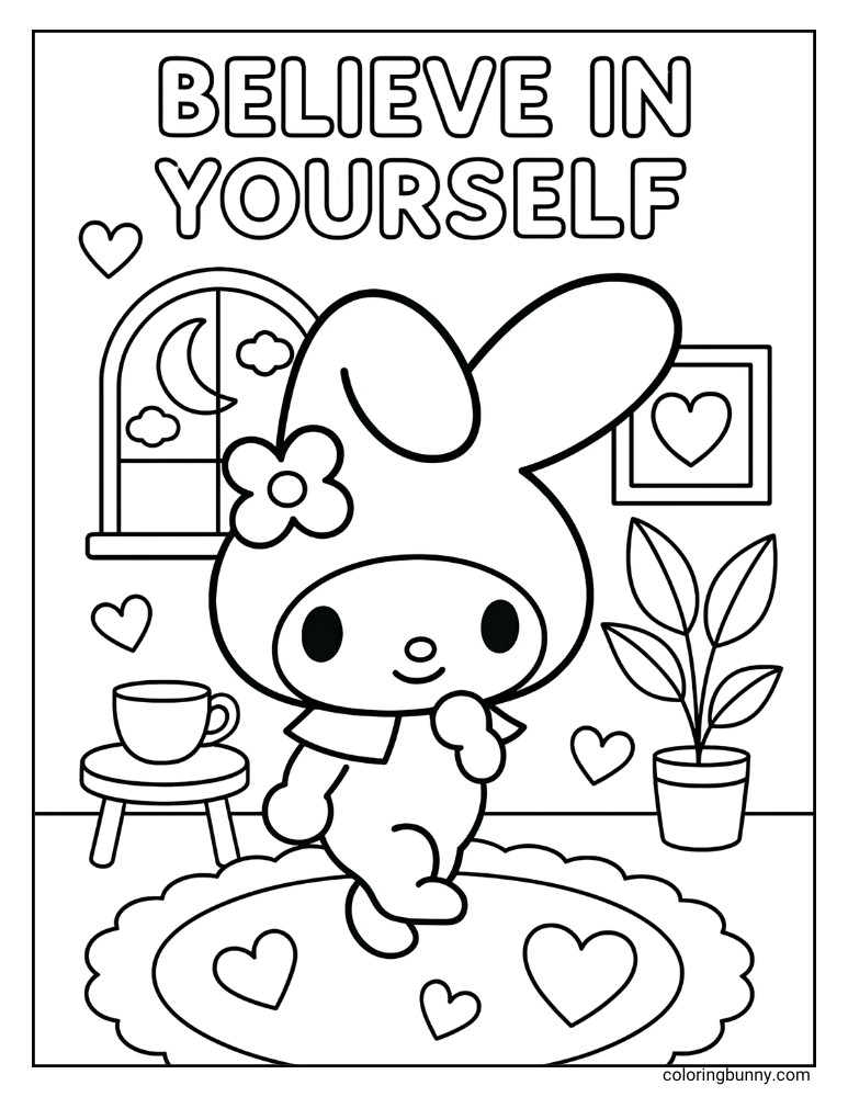 My Melody coloring page showing her in a cozy room with hearts, a moonlit window, and the words “Believe in Yourself” above.