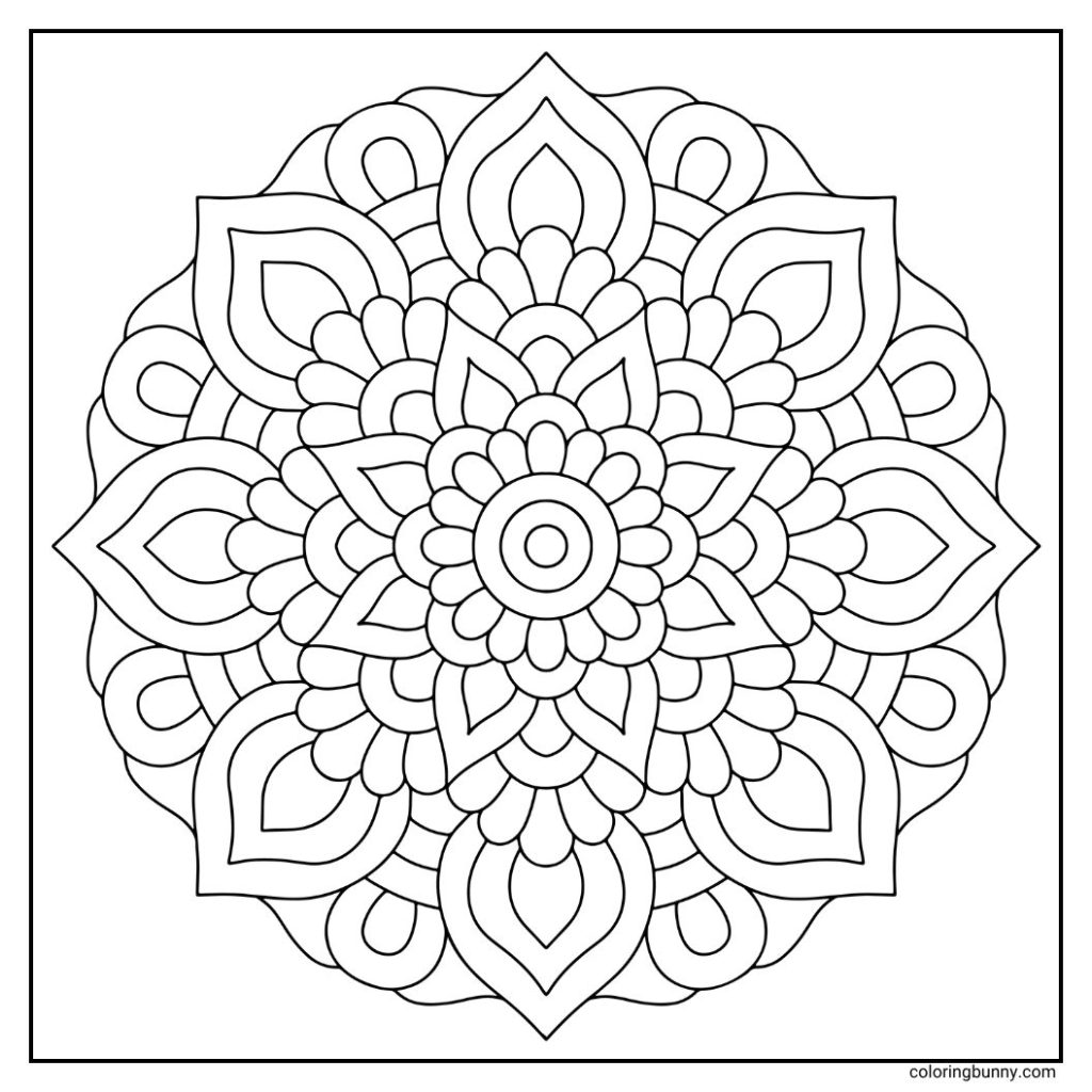 A hand-drawn mandala coloring page featuring a blooming floral core that echoes outward in smooth, repeating arcs. Each layer builds on the last with flowing, petal-like forms, creating a serene and meditative symmetry ideal for slow, mindful coloring.