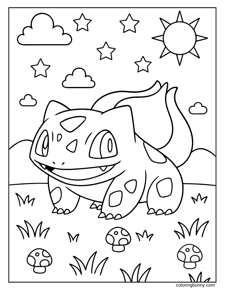 Pokémon coloring page of Bulbasaur standing in a grassy meadow with mushrooms, stars, clouds, and the sun in the sky.
