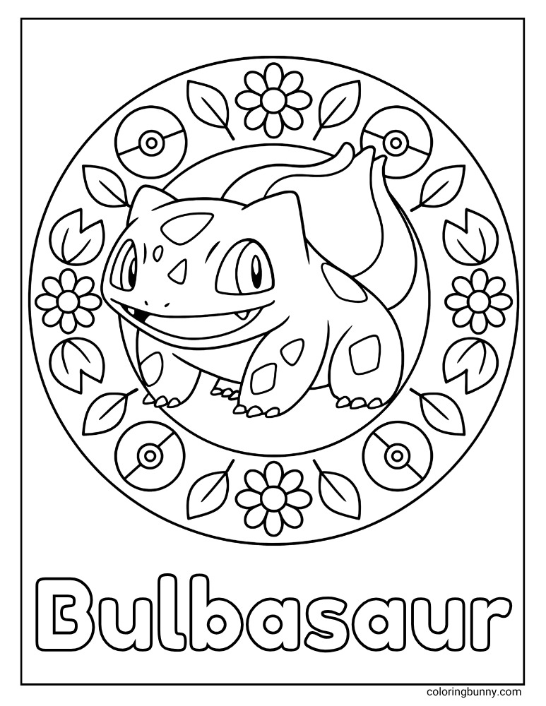 Bulbasaur mandala coloring page with Bulbasaur surrounded by a circular ring with leaves, Poke Balls, and flowers in the ring.