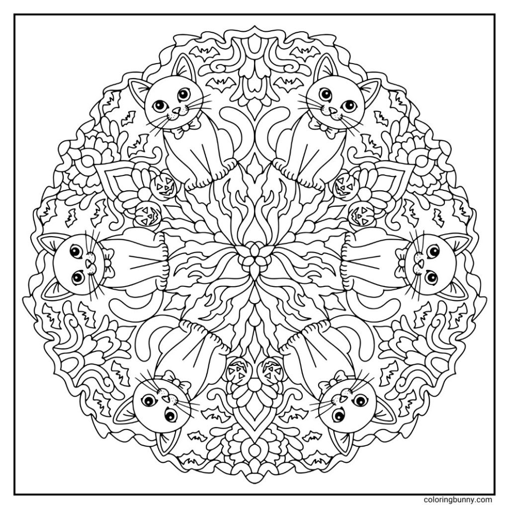 Curious Halloween cats surrounded by fluttering bats, tiny pumpkins, and sharp, spiky accents in a hand-drawn Halloween mandala design on a square canvas.