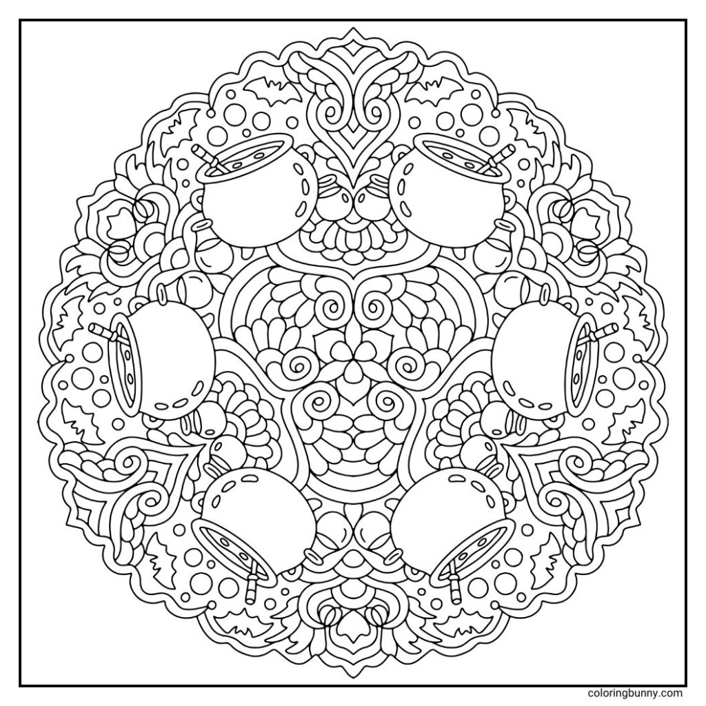 Bubbling cauldrons surrounded by floating bubbles, bats, and patterns in a spooky hand-drawn Halloween mandala coloring page on a square canvas.