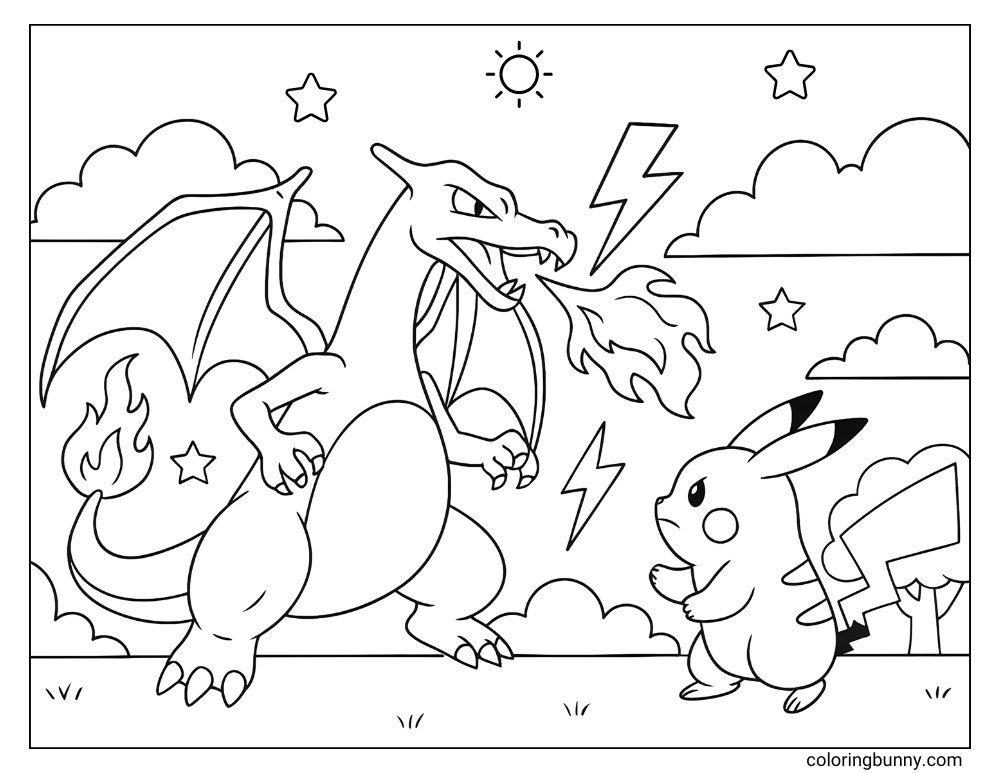 Coloring page of Pikachu and Charizard facing off, with lightning bolts, flames, clouds, and stars.