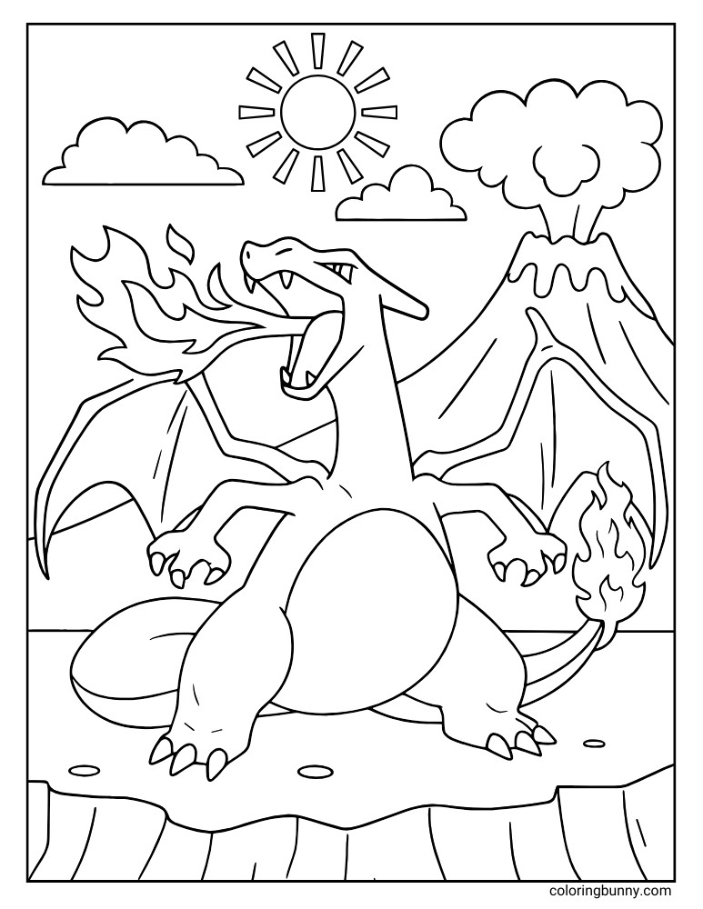 Charizard coloring page of Charizard breathing fire with a volcano in the background