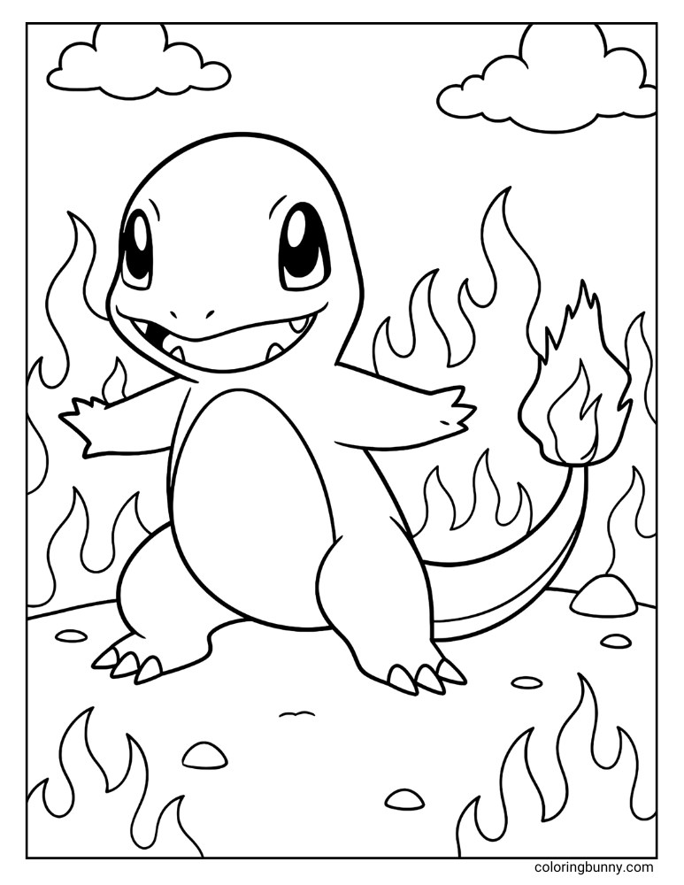 Pokemon coloring page of Charmander and a background of fire, ground, and clouds