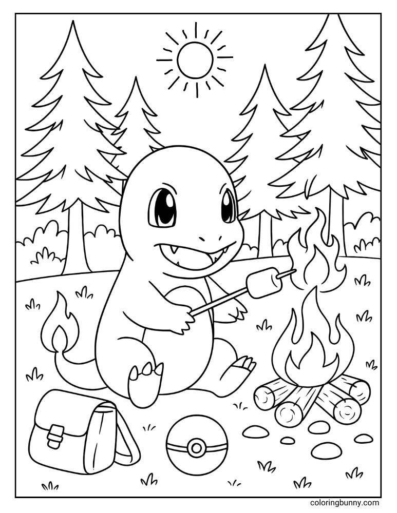Charmander roasting Marshmallows in the woods coloring page