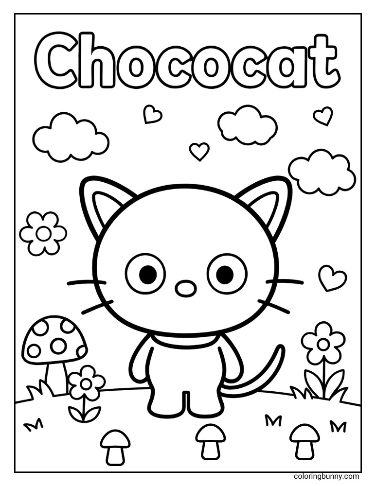 Chococat coloring page depicting Chococat in an outdoor setting. The scene includes flowers, mushrooms, clouds, and small hearts, with the name "Chococat" prominently displayed at the top.