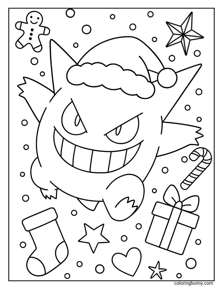 Christmas Gengar coloring page with a ginger bread man, candy, star, present, snow, and stocking