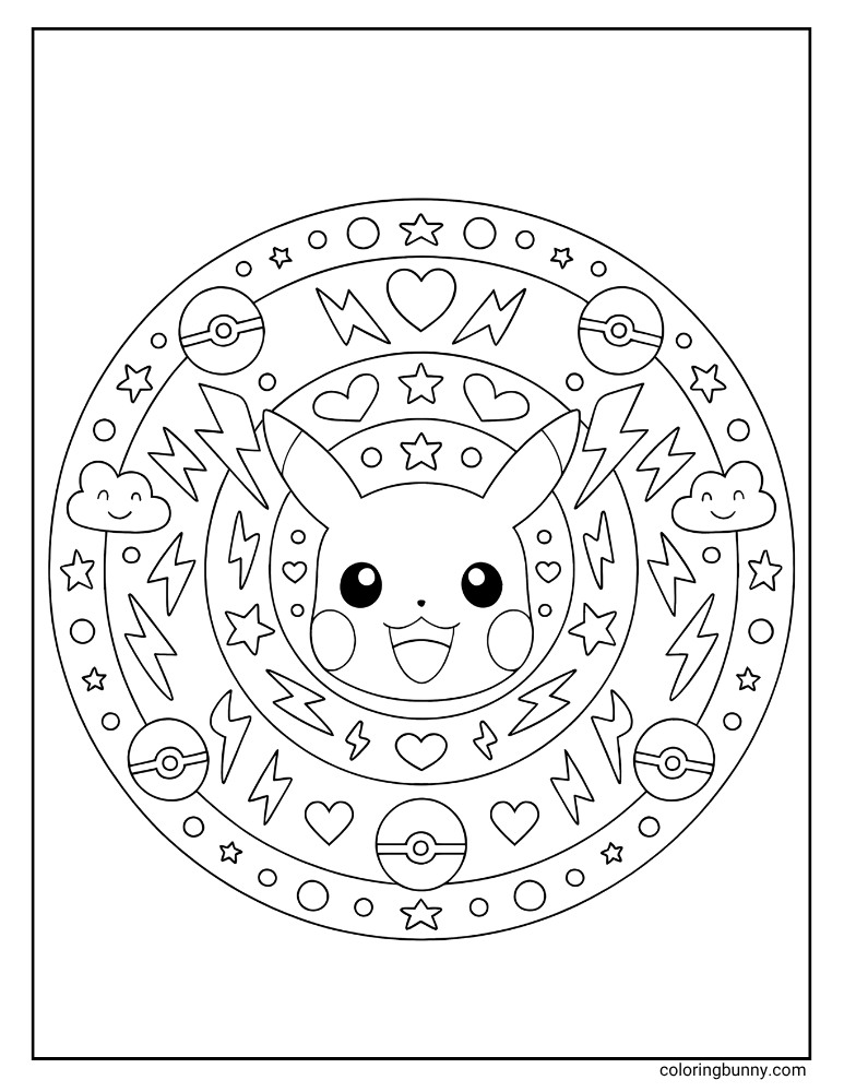 Circular Pikachu with lightning bolts, rings, stars, and hearts coloring page