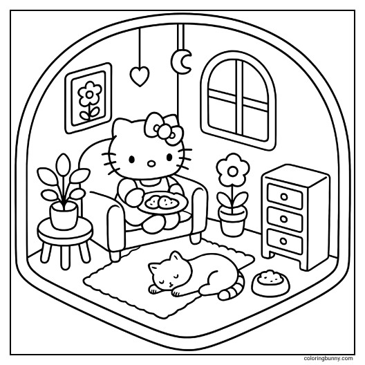 Hello Kitty coloring page, showing her sitting in an armchair eating cookies from a plate, in a cozy corner with a sleeping cat, a plant, chest of drawers, and hanging decorations including a heart and moon.