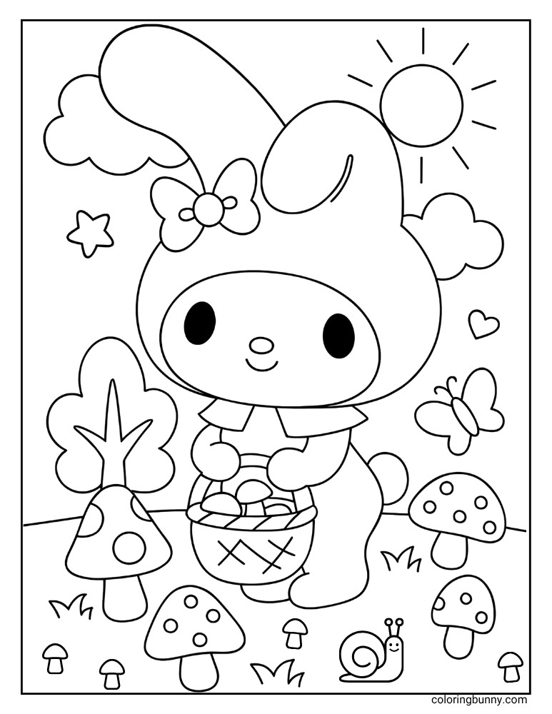 A fun and cute coloring page of My Melody picking mushrooms in a field on a sunny day