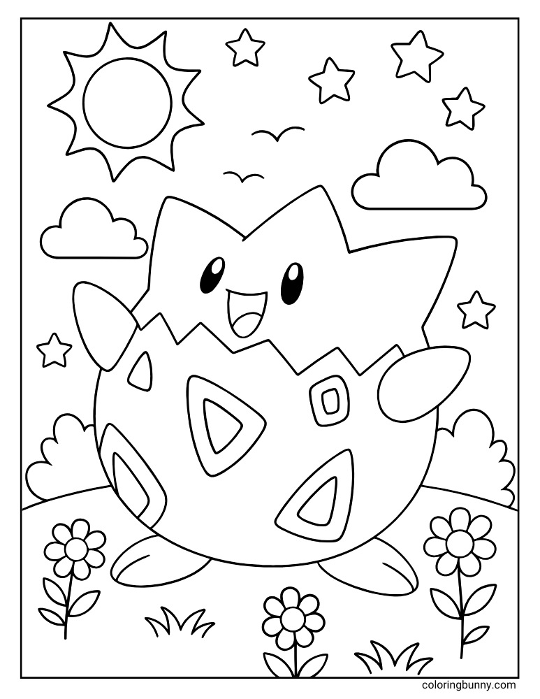 Topegi coloring page with a happy Topgi on a sunny hill with flowers