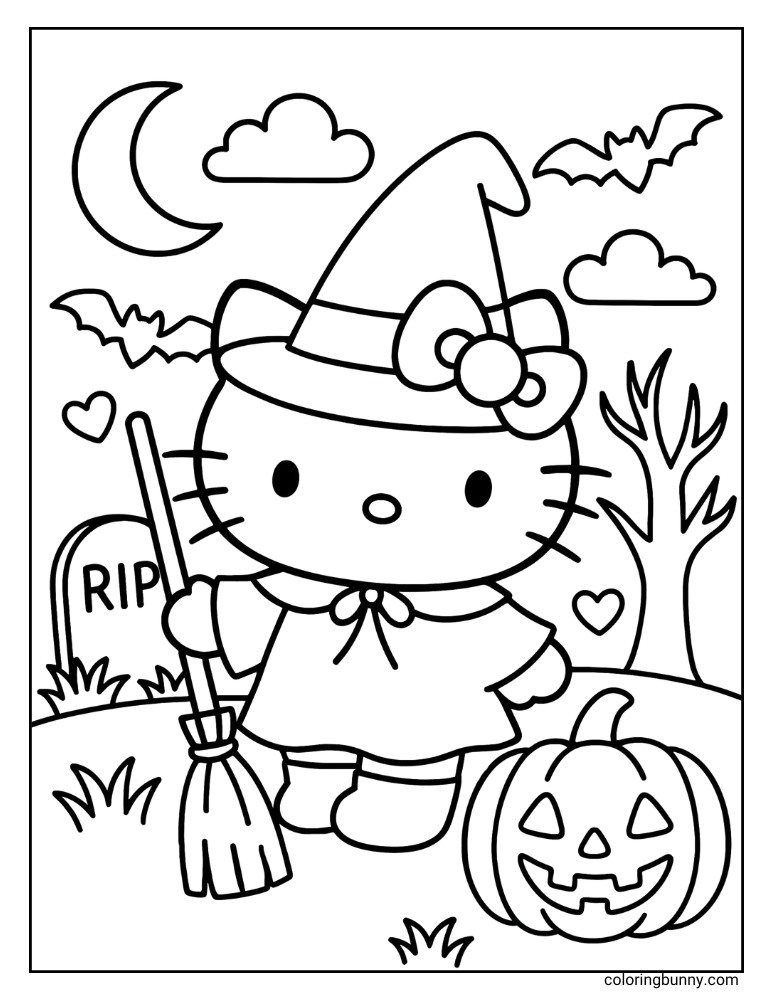 Hello Kitty Halloween coloring page, showing her dressed as a witch with a hat and broom, standing next to a carved pumpkin and a tombstone, with bats, hearts, a crescent moon, and a spooky tree in the background.