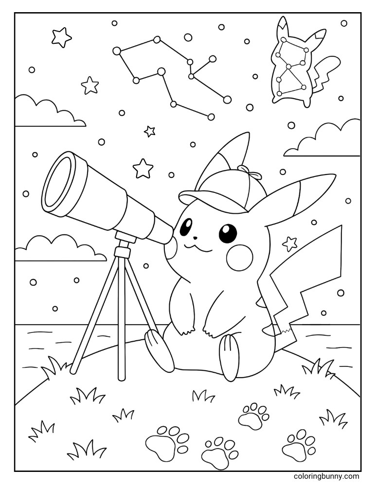 Coloring page of Pikachu wearing a hat and using a telescope to look at constellations.