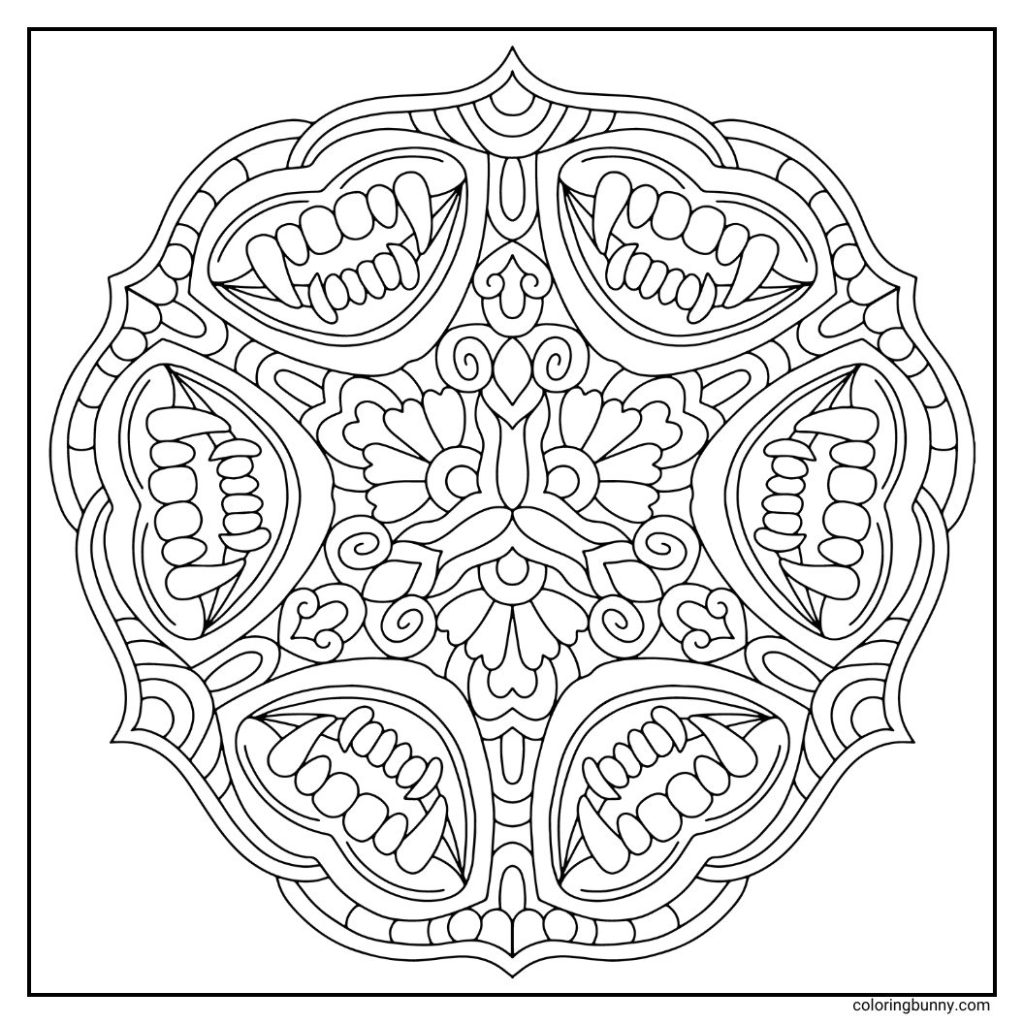 Dracula’s sharp fangs surrounded by gothic patterns, and symmetrical designs in a hand-drawn Halloween mandala coloring page on a square canvas.