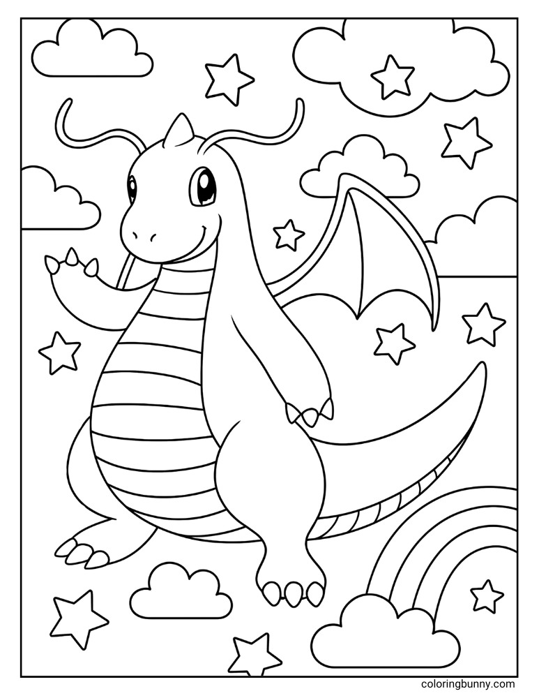 Dragonite coloring page with Dragonite in a sky full of stars, clouds, and a rainbow