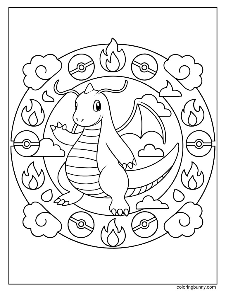 Dragonite Pokemon mandala style coloring page with flames, poke balls, circles, clouds, and Dragonite in the middle